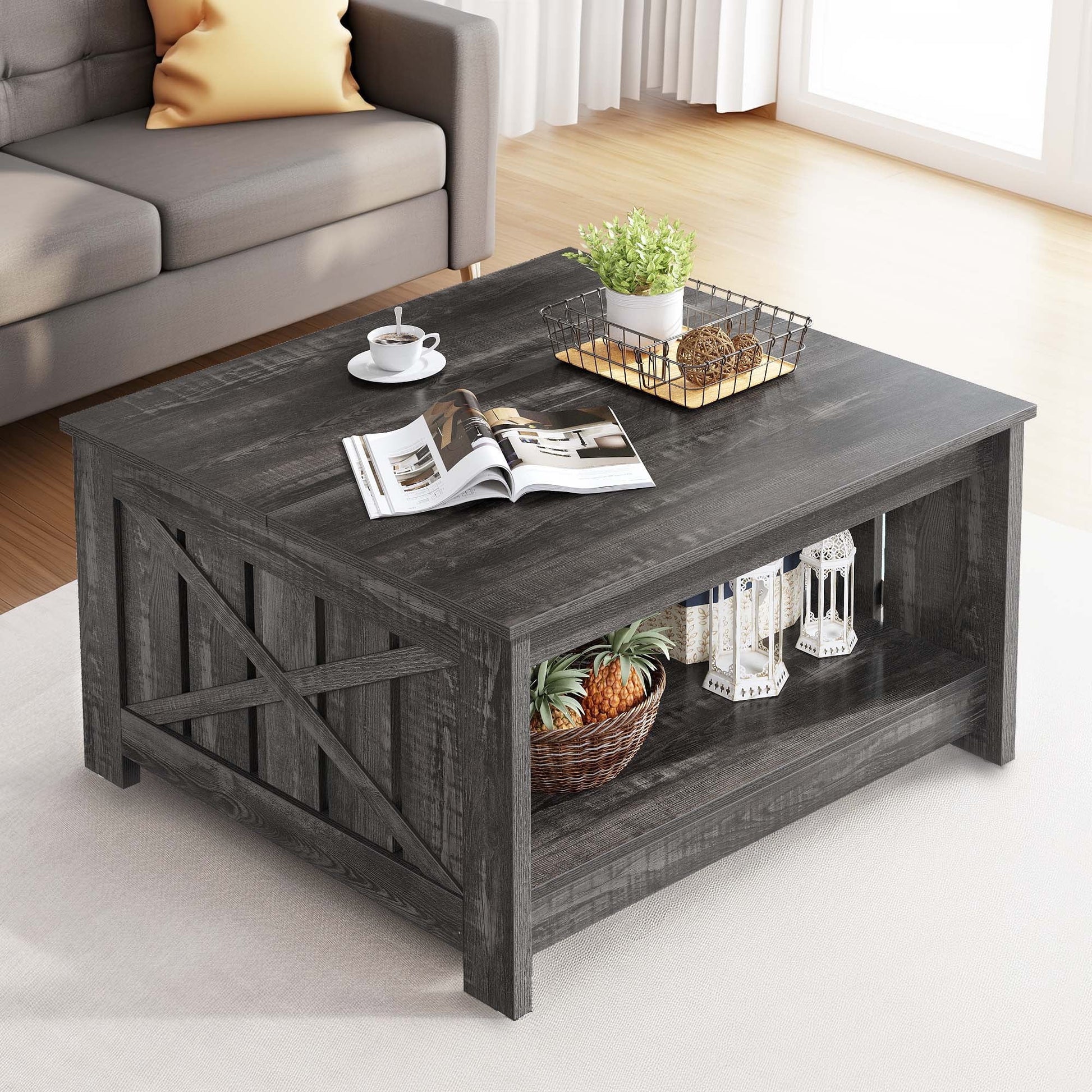 Dexturs Square Coffee Table, Farmhouse Coffee Table with Half Open Storage Compartment, Rustic Oak