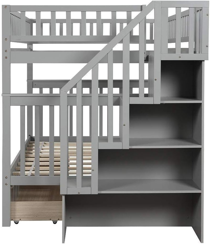 Bunk Beds Full over Full Size, Solid Wood Full Bunk Beds with Drawers and Stairway, Full Length Guardrail, No Box Spring Needed (Grey Full over Full Bunk Beds)