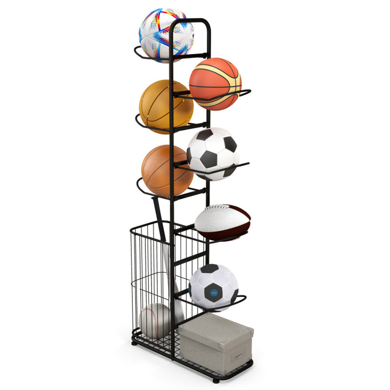 Metal Basketball Holder with 7 Removable Hanging Rods and Side Ball Basket