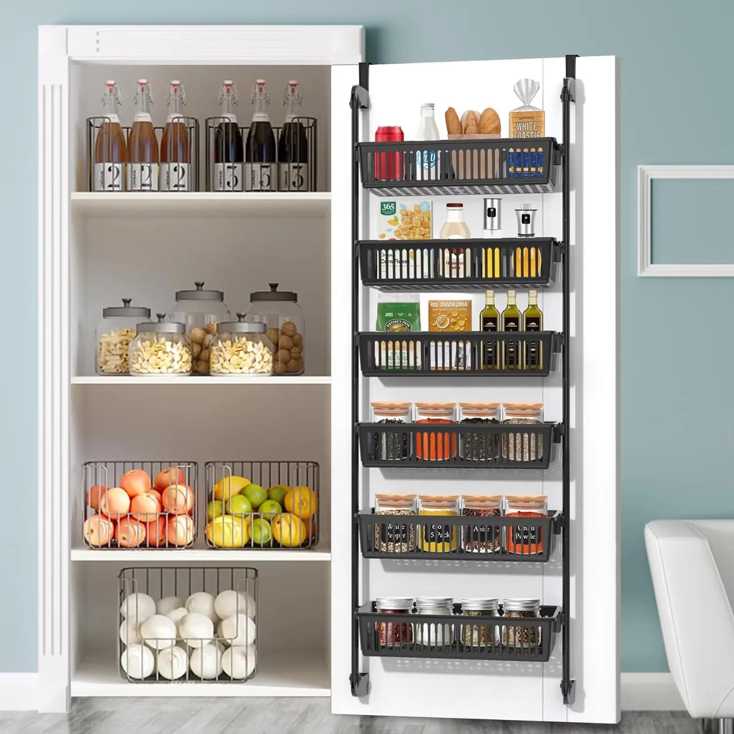 Pantry Door Organizer over the Door Pantry Organizer with 6-Tier Adjustable Baskets Heavy-Duty Metal Wall Mounted Over