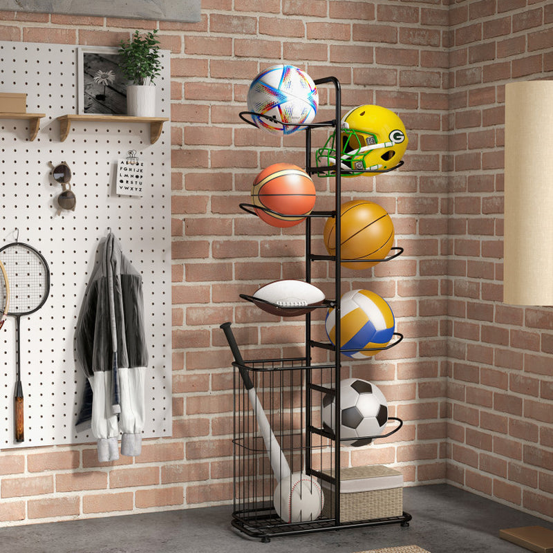 Metal Basketball Holder with 7 Removable Hanging Rods and Side Ball Basket