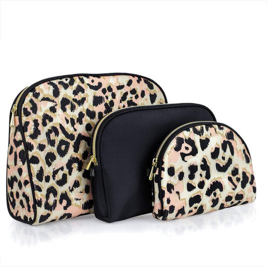 3 Pc Cosmetic Bag Set, Purse Size Makeup Bag for Women, Toiletry Travel Bag, Makeup Organizer, Cosmetic Bag for Girls Zippered Pouch Set, Large, Medium, Small (Black & Leopard)