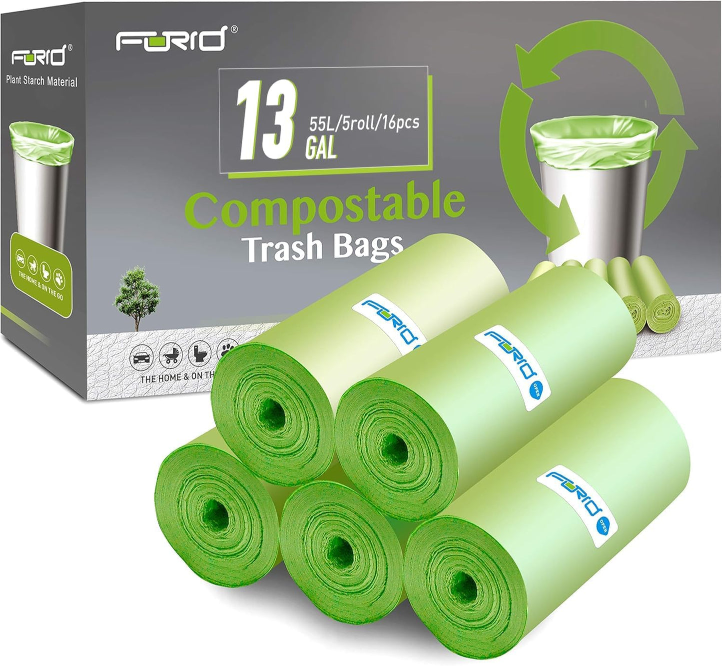 Compostable Trash Bags -  13 Gallon Tall Kitchen Garbage Bags 80 Count Unscented Trash Can Liners 55 Liter Medium Wastebasket Bags for Bathroom Home Bedroom Office Garbage Can (5Rolls/Green) - Thick & Durable Trash Bag