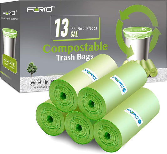 Compostable Trash Bags -  13 Gallon Tall Kitchen Garbage Bags 80 Count Unscented Trash Can Liners 55 Liter Medium Wastebasket Bags for Bathroom Home Bedroom Office Garbage Can (5Rolls/Green) - Thick & Durable Trash Bag